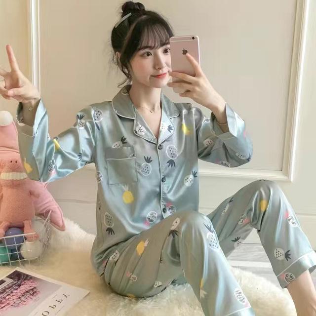 Autumn Ice Silk Pajamas Ladies Lapel Casual Loose Home Clothes Women's Silk Sexy Pajamas Long-sleeved Trousers Two-piece Suit