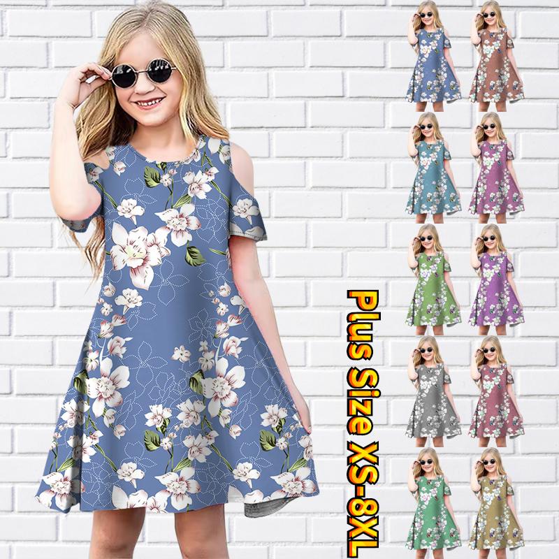 Платья с цветочным розовым и нежным цветочным принтом для девочек. Детское праздничное платье с открытыми плечами для девочек. Платье принцессы. Платье с короткими рукавами для девочек старше 4 лет.