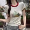 Женская футболка с коротким рукавом и принтом на переднем плече, летняя новинка, контрастного цвета, с круглым вырезом, сладкая приталенная короткая майка