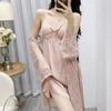 Summer New Women 2PCS Robe Nightgown Set Sexy Hollow Out Perspective Bathrobe Intimate Lingerie Silk Satin Home Dress Loungewear