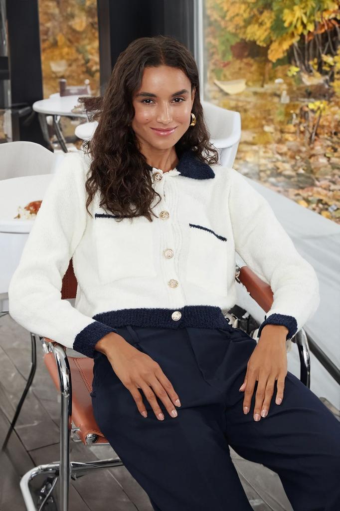 Women's Fashionable Stylish Cardigan Pink Boucle Polo Collar Coat Look Knitwear Cardigan