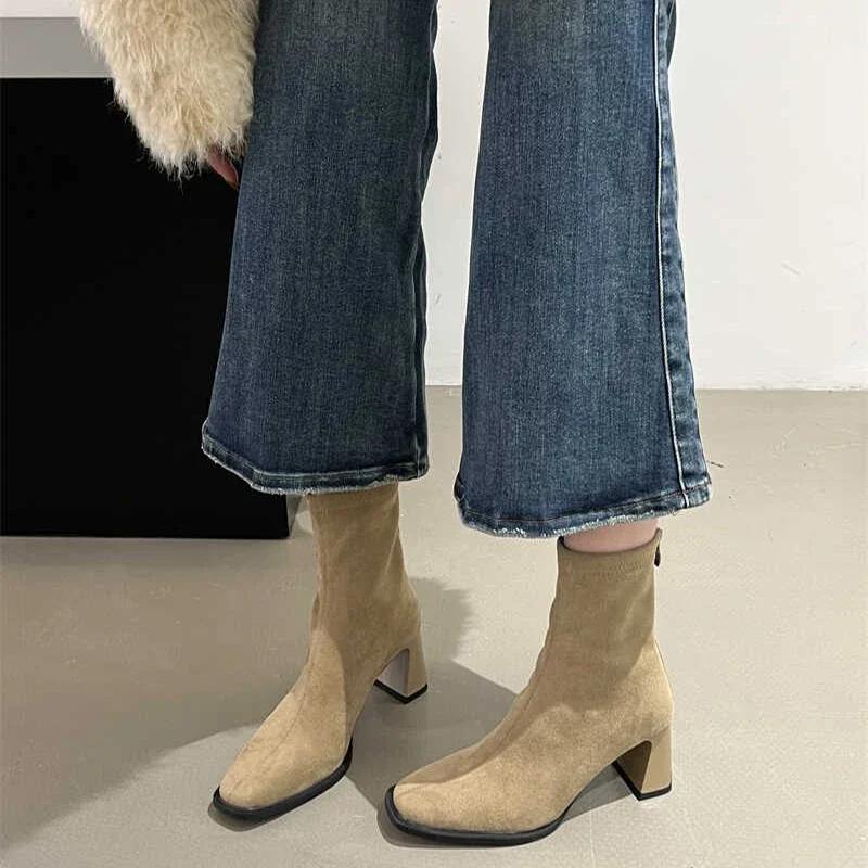 Мода Женские эластичные ботильоны Модные элегантные современные тонкие короткие ботинки Осень-зима Laides Молнии сзади Обувь
