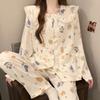 Cartoon Bear Print Women's Cloud Cotton Pajamas Sweet Lace Spliced Doll Collar Sleepwear Spring Autumn New Homewear