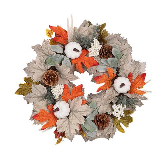 Autumn Wreath Faux White Pumpkin Maple Leaf Pine Cone Berry Wreath Handmade Farmhouse Wreath Fall Decoration for Home Thanksgiving Harvest Outdoor