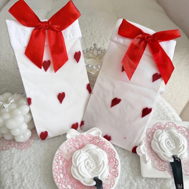 Love Bow Thigh Socks Party Sweet Cute Ultra-Thin Knee Socks Women'S Pure Desire Red Bow Stockings