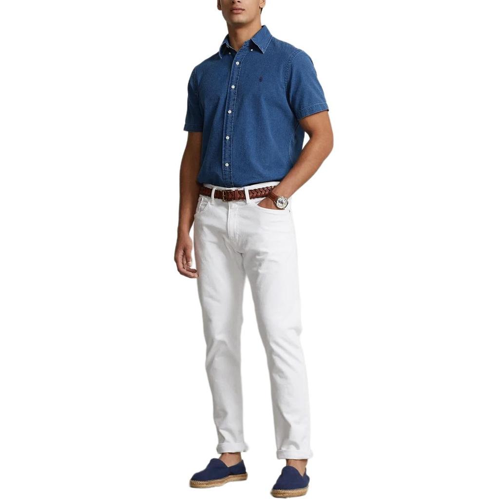 Polo Ralph Lauren однотонная рубашка с воротником-поло, однобортная, с коротким рукавом, мужские рубашки синего цвета MNPOWOV1N820630-410