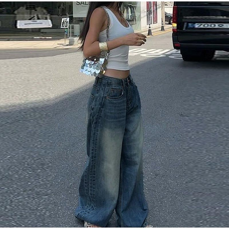 Fashion Wide Leg Denim Pants Women Vintage High Waist Zipper Button Pockets Long Jeans 2025 Spring New Lady High Street Trousers