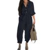 V-neck Buttons Closure Belt Women Jumpsuit Women Casual 3/4 Sleeve Solid Color Cargo Jumpsuit Ladies Outfit