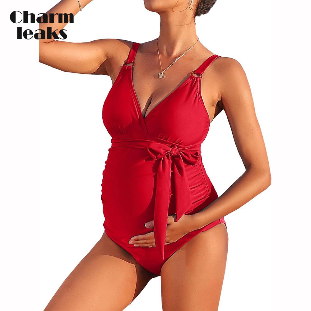 CHARMLEAKS Купальник для беременных Цельный купальный костюм с V-образным вырезом для беременных с завязками спереди и рюшами Купальники