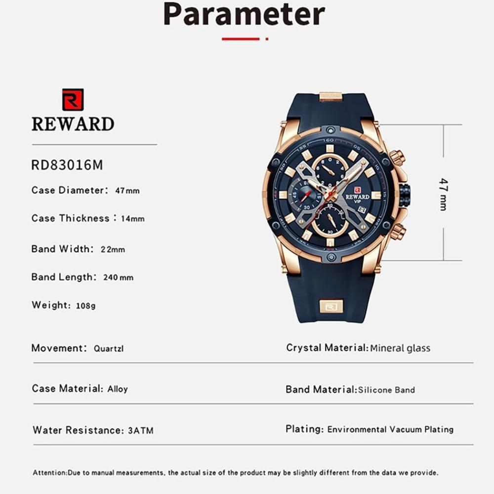 REWARD 83016 Мужские Часы Водонепроницаемые Топ Люксовый Бренд Хронограф Спортивные Автоматические Дата Водонепроницаемые Силиконовый Ремешок Часы для Мужчины