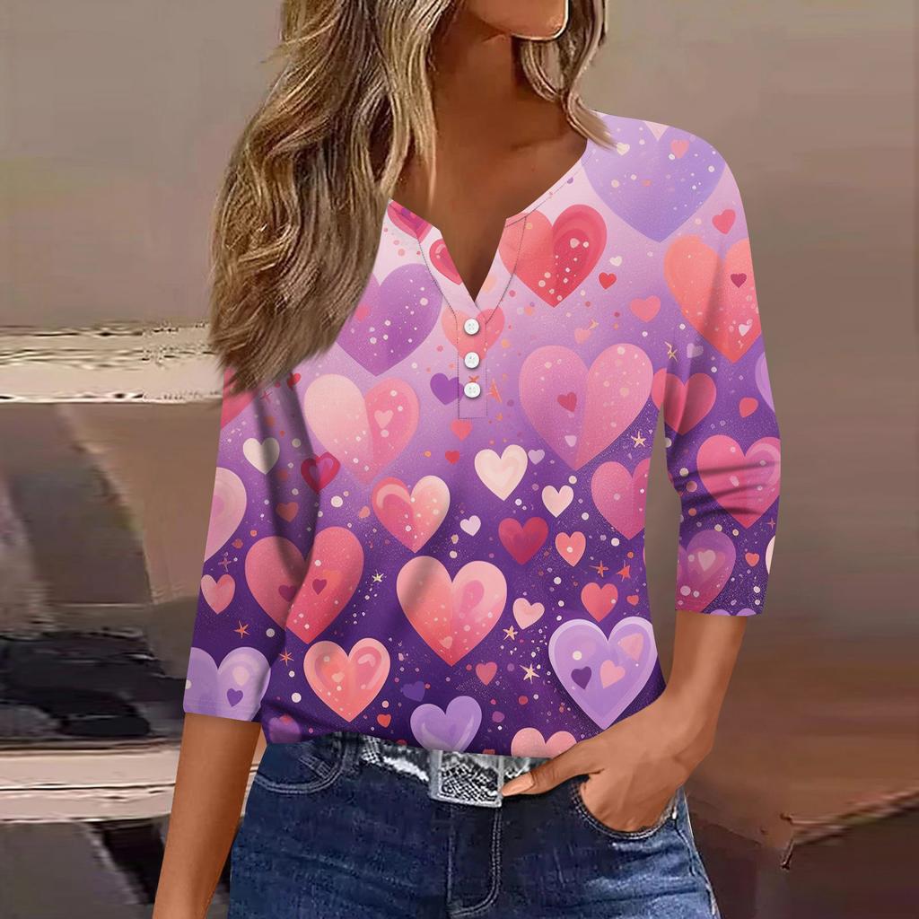Женская модная рубашка на пуговицах с V-образным вырезом, рукавом три четверти, с принтом ко Дню святого Валентина