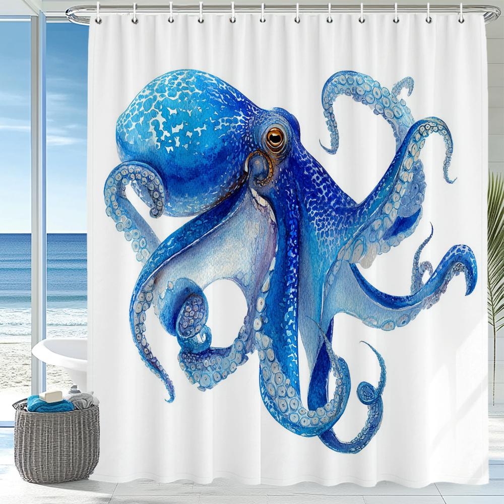 1Pc Octopus Shower Curtain Beach Blue Octopus Design Bathroom Decorative Printed Polyester Bath Curtain With Hooks