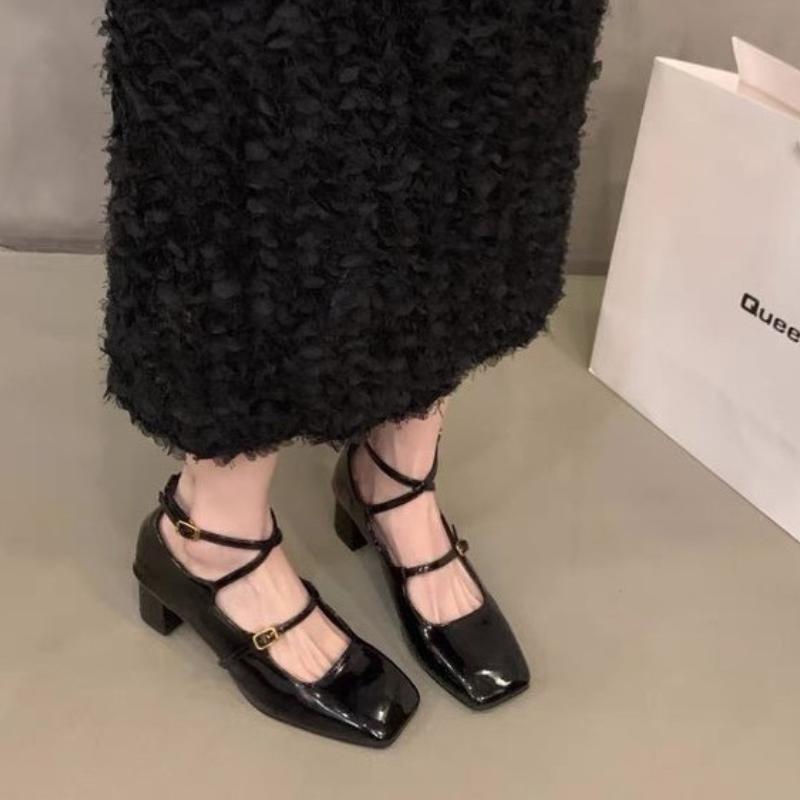 Fashion Square Toe Banquet Mary Janes 2024 Summer New Casual Thick High Heel Cross Buckle Strap Pumps Fashion Women Shoes