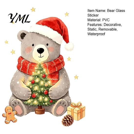 Seasonal Window Art for Home Christmas Bear Static Clings, Cute Holiday Glass Decals, Waterproof PVC Indoor Outdoor Decor Stickers Store Doors