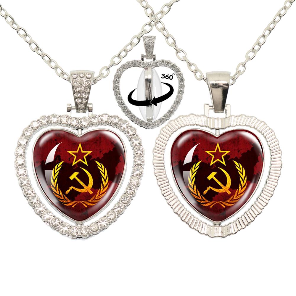 Vintage Ussr Soviet Badges Sickle Hammer Heart shaped Pendant Necklace Cccp Fashion 360 Degree Rotary Rhinestone Jewelry
