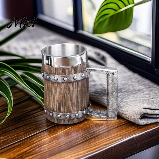 Beer Mug Large Capacity Wood Barrel Mug, 600ml Stainless Steel Liner Stein, Vintage Style Stein Rustic Tankard for Pub Home Bar Party Gift Heavy Duty