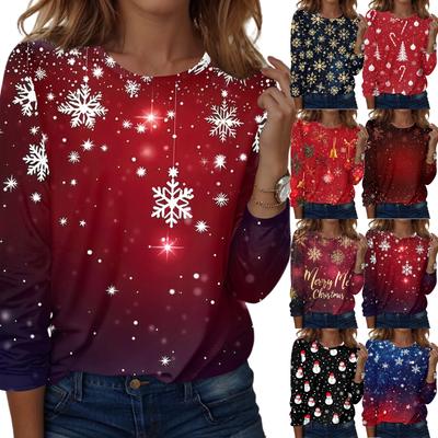 Женская мода повседневный рождественский принт круглый вырез длинный рукав пуловер топ