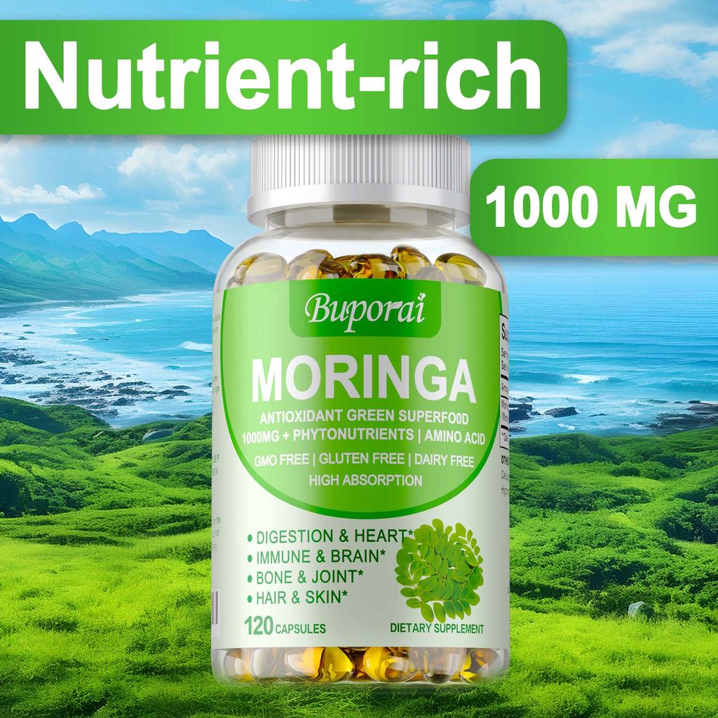 Buporai Moringa Leaf Powder 1000mg Capsules - Green Superfood, Antioxidant Support, Daily Wellness