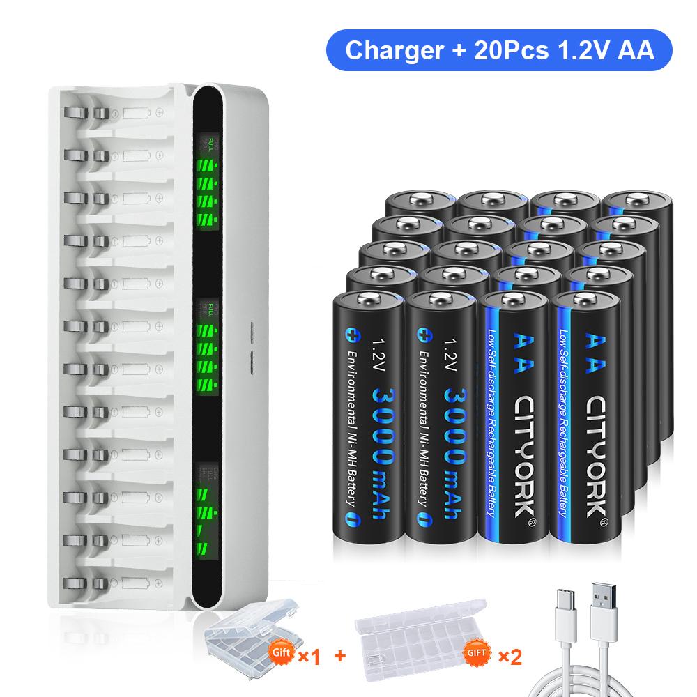 Charger and Battery Combo Kit 12 Slot Smart LCD USB/Type-C Hybrid 1.2V Battery Charger + 1.2V AA/AAA NiMH Rechargeable Battery