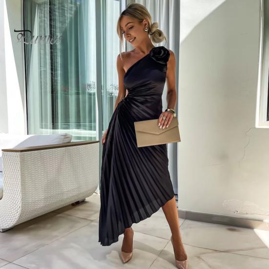 Женское вечернее платье на одно плечо, плиссированное с цветочным декором, с открытой спиной, без рукавов, с нерегулярным подолом, для коктейльной вечеринки, свадьбы, миди, платье