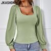 JKASHDK Women's Fashion Casual Spring Autumn Solid Color Print Long Sleeve Square Collar Slim Pullovers & Long Sleeves
