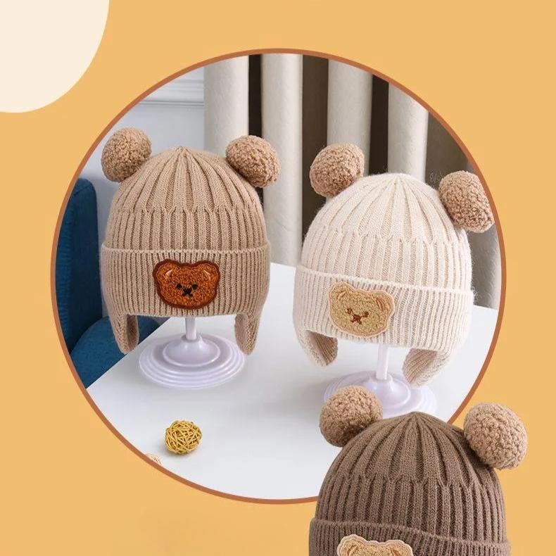 Вязаная детская шапка с ушами, милый помпон с медведем, детская шапка, теплая осенне-зимняя шапка для мальчиков и девочек, защитные шапки-чепчики