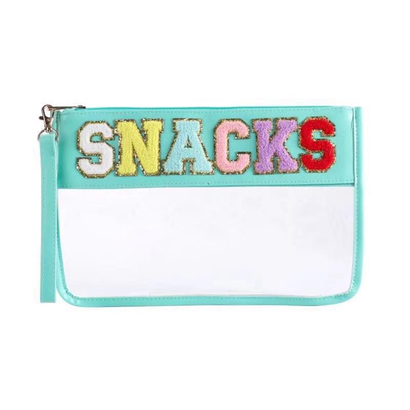 Transparent PVC Zipper Snack Bag with Embroidered Letters - Portable PU Waterproof Makeup and Toiletry Handbag
