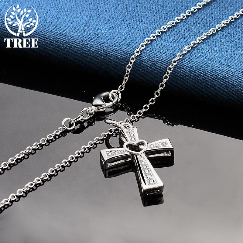 925 Sterling Silver Cross AAA Zircon Heart Necklace Jewelry