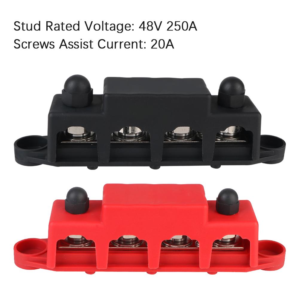 Bus Bar For Boat Truck RV Caravan Car Power Distribution Block 48V 250A DC M8 M10 Stud Electro Junction 5/16" 3/8" Studs 4 Ways Fuses4
