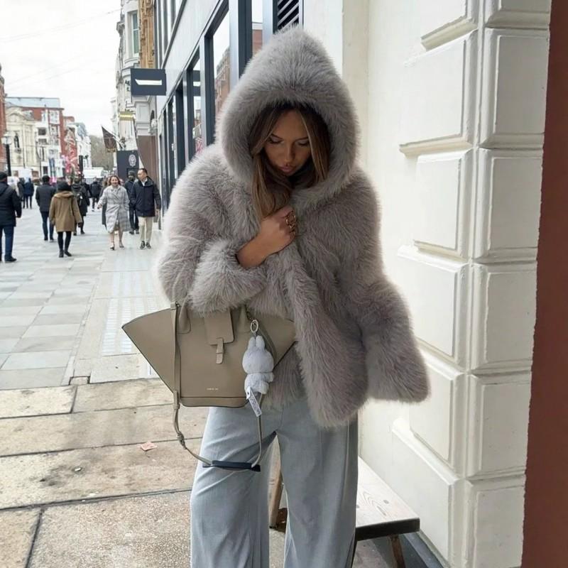 Womens Winter Faux Fur Hooded Jacket Loose Short Warm Streetwear Coat