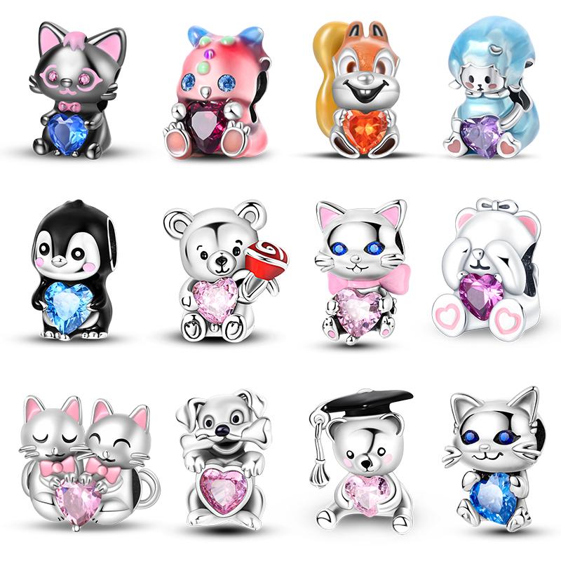 Copper Charms Animal Color Pink Rabbit Sheep Cat Dog Beads Fit 3Mm Original Bracelets Fine Diy Birthday Jewelry Make