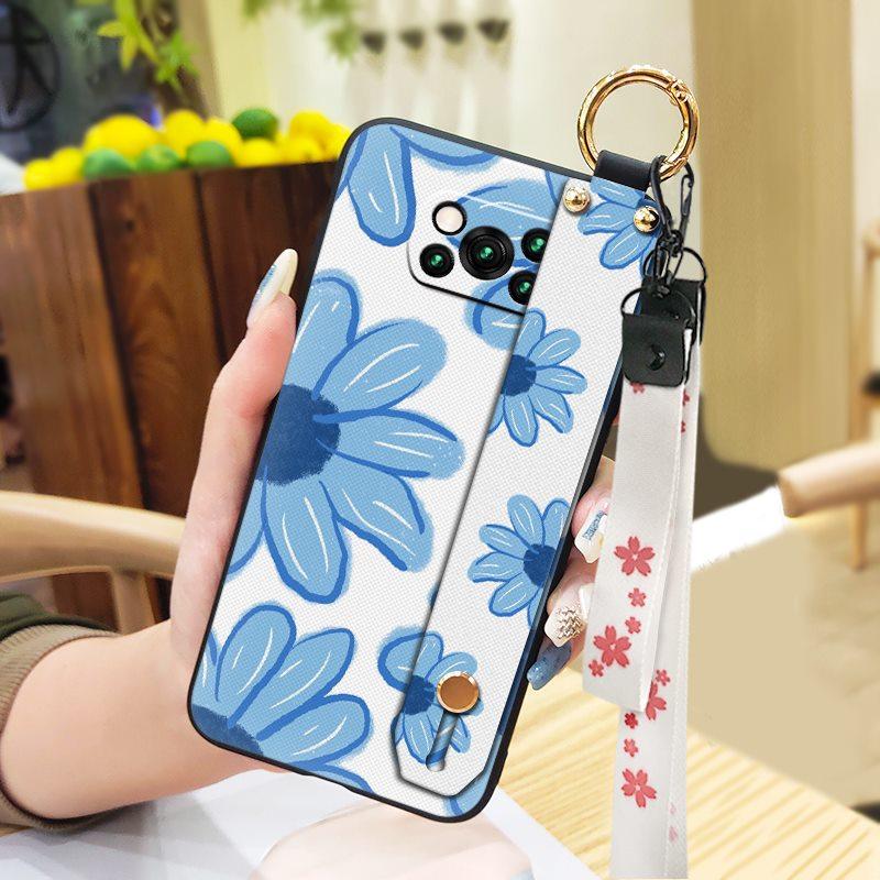 Anti-knock Protective Phone Case For Xiaomi Poco X3 NFC/X3 Pro Durable Oil Painting Phone Holder Wrist Strap Flower Ring