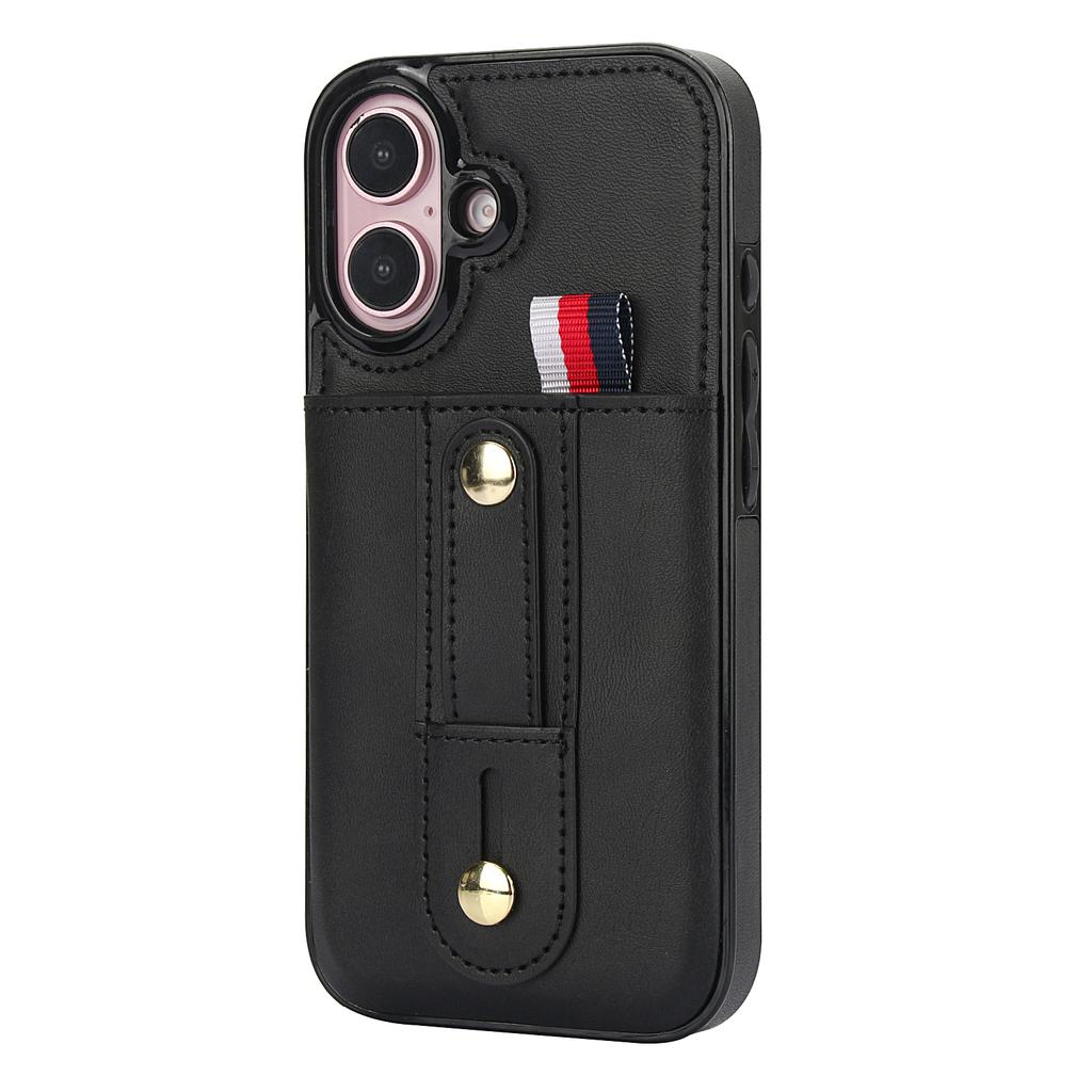 For iPhone 16 Case PU Leather+TPU Hidden Card Holder Drop-proof Phone Cover with Kickstand