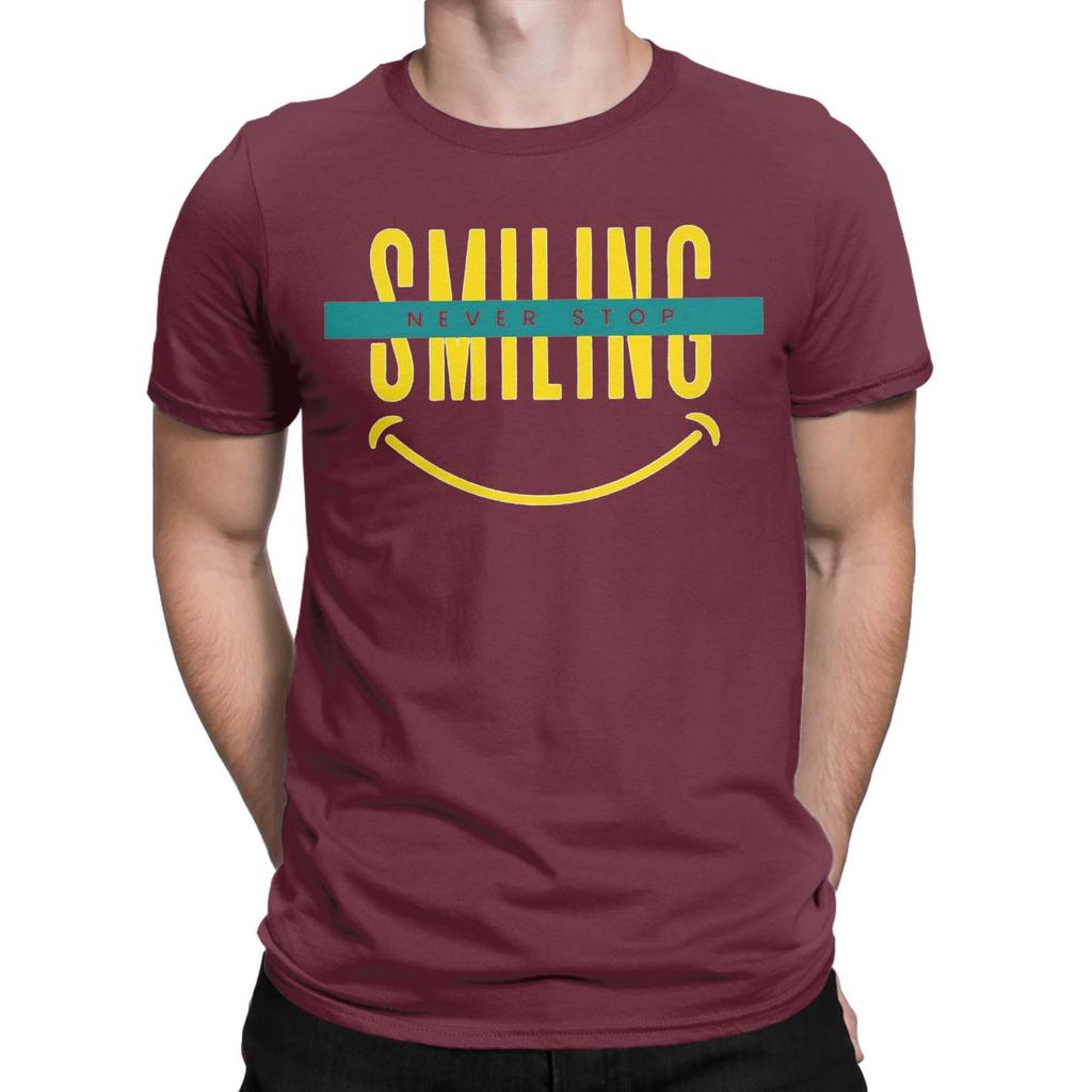 Мужские забавные футболки Never Stop Smiling из 100% хлопка, топы для отдыха с коротким рукавом и круглым воротником, футболки, идея для подарка
