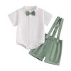 Baby Boy Gentleman Outfit Solid Color Short Sleeve Mock Neck Romper with Suspender Shorts 2 Pcs Set