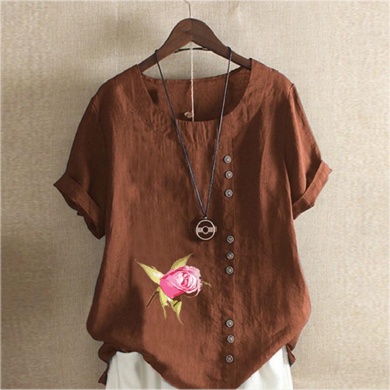 Women's Fashion Round Neck Short Sleeve T-shirt Casual Cotton Linen Graphic Shirt Leisure Loose Flower Prined Summer Blouse Tops Plus Size
