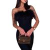 Elegant Feather-Trimmed Wrap Top Bodycon Midi Dress Office Chic Women 2025