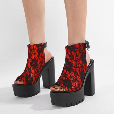 Элегантные женские туфли в сеточку в стиле ретро на высоком каблуке с открытым носком на шнуровке и ремешком на щиколотке, красные босоножки на платформе с открытой пяткой