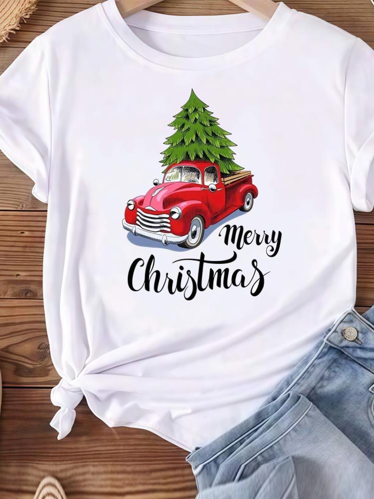 (Asian Size) Letter Happy New Year Women's Top T Tee Merry Christmas Festival O-neck Clothing Print Fashion Ladies Graphic T-shirts
