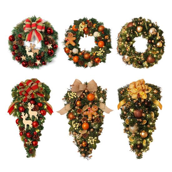 Christmas Wreath for Front Door Artificial Green Pine Needles Teardrop Swag Christmas Garland Decoration with Balls Bows Holiday Decor