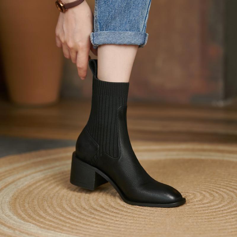 2024 New Retro Chelsea Short Boots Genuine Leather Square Heels Women Socks Ankle Boots Dancing Party Shoes Woman Platform Boots