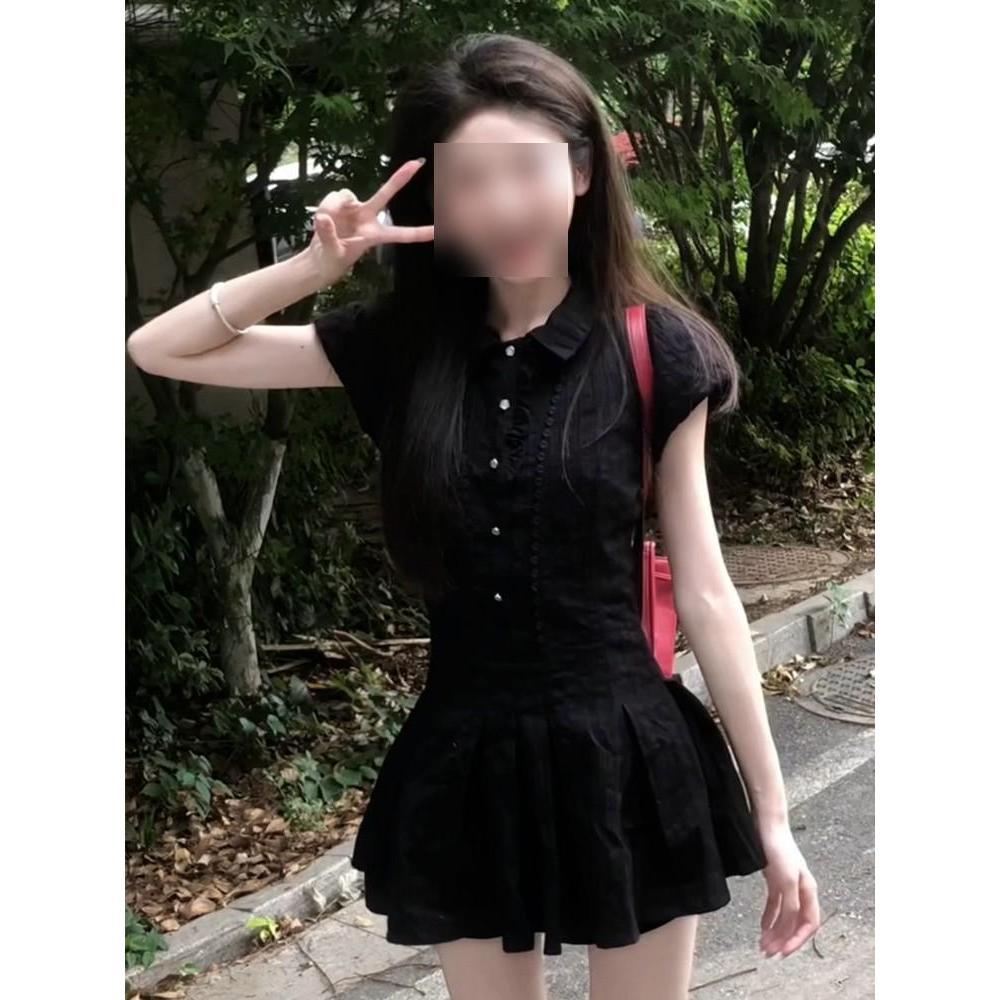 College Style Bubble Sleeve A-shaped Dress, High-end Design Sense, Summer New Sweet Waist and Thin Dress for Women