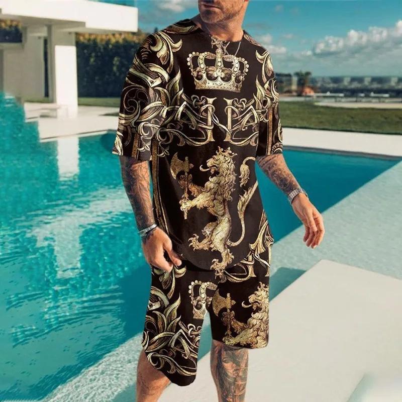 Мужская крутая футболка с принтом льва и тигра, комплект из футболки и шорт в стиле кэжуал, летняя новая модная уличная одежда высокого качества