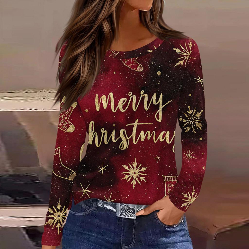Женская модная повседневная футболка с разрезом по низу, круглым вырезом, длинными рукавами, свободного кроя, с рождественским принтом, женский топ