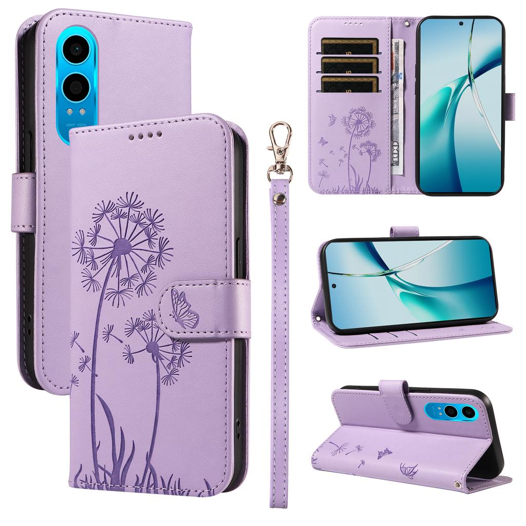 For Oppo K12x 5G (China)/OnePlus Nord CE4 Lite 5G Leather Wallet Case with Strap Dandelion Imprint Phone Stand Cover