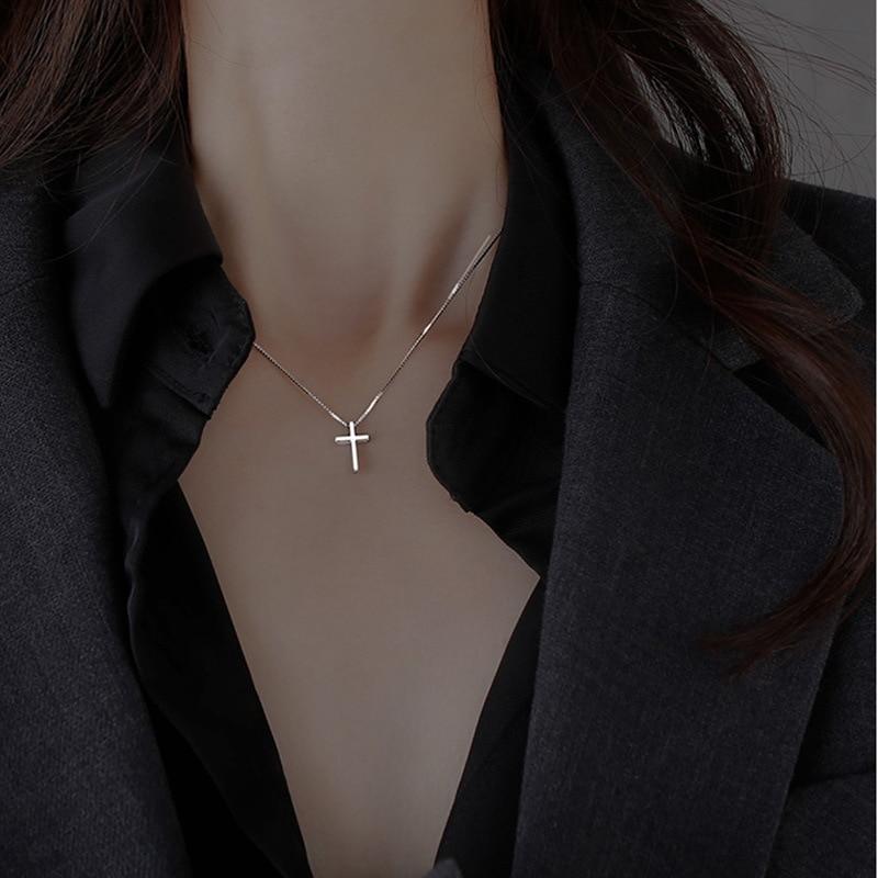 New 925 Sterling Silver Box Chain Cross Charm Pendants Necklace for Women Girls Statement Party Jewelry Dz094
