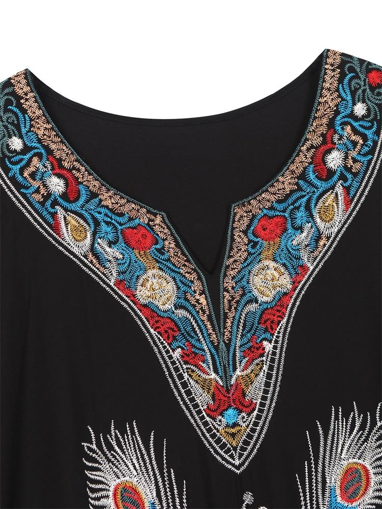 Богемный узор павлина Премиум-вышивка с V-образным вырезом Пляжные накидки для женщин Повседневное домашнее платье Летний купальник-накидка Свободный халат Q1663