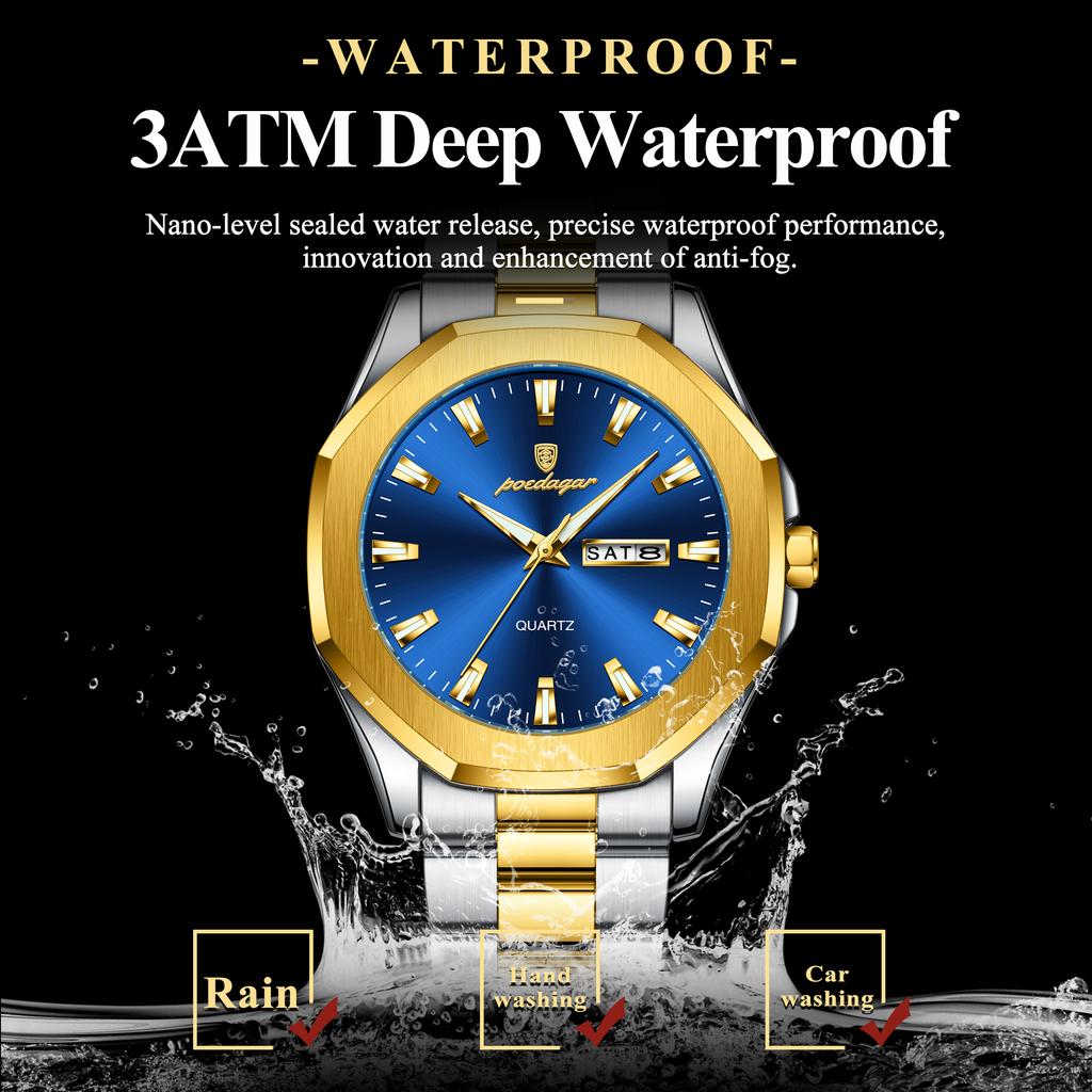 POEDAGAR Luxury Men Wristwatch Waterproof Luminous Week Date Original Man Watch Stainless Steel Sport Quartz Men's Watches