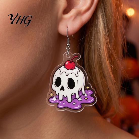 Unique Gothic Dangle 1 Pair Acrylic Halloween Earrings for Women, 2D Flat Cute Cartoon Playful Dark Style Ghost Skull Drop Earrings, Holiday