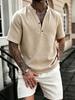 Мужская белая рубашка-henley с мандариновым воротником, коротким рукавом и деревянными пуговицами - Свободный топ для летнего отдыха